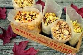 10 Pumpkin Seed Recipes Including Chocolate, Vanilla Nutmeg, Maple, Pumpkin Pie, Cinnamon, Honey Roasted, Traditional, Jalapeno, Chili, a little of Everything. Great idea for all the seeds I'll have left over!
