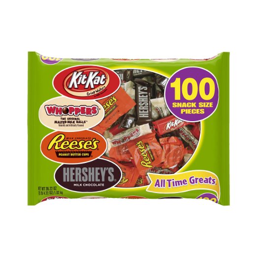 100 Candys That Includes KitKat, Whoopers, Resses and Hersheys. Includes Hershey's Milk Chocolate Bars, Whoppers Malted Milk Balls, Kit Kat Wafer Bars, and Reese's Peanut Butter Cups.
