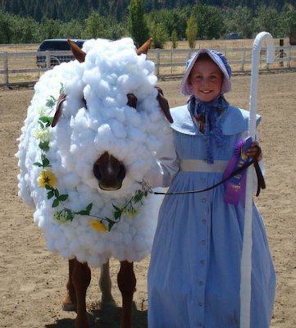 Little Bo Peep and her sheep!  Cute horse costume! that is a lot of cotton balls