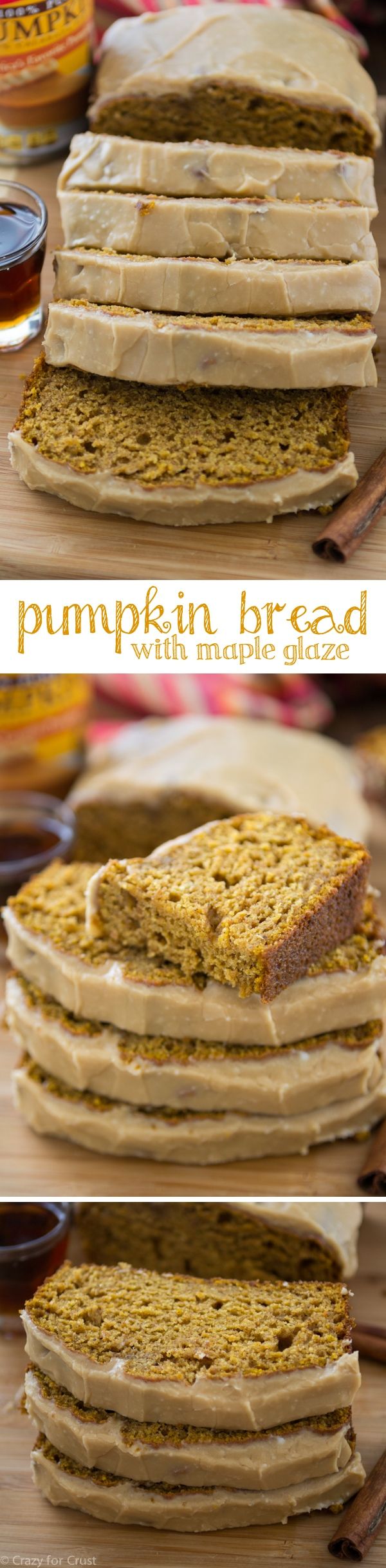 This Pumpkin Bread with Maple Glaze is soft and moist and the perfect pumpkin bread recipe! #vegetarian #recipe #food #recipes #veggie