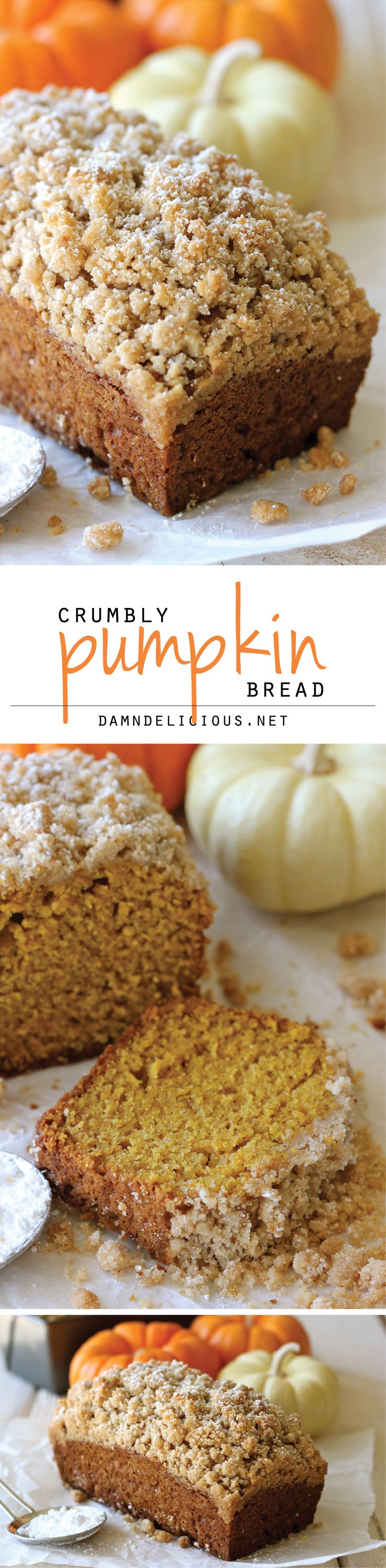Crumbly Pumpkin Bread - With lightened-up options, this can be eaten guilt-free! And the crumb topping is out of this world amazing! Love this pumpkin dessert recipe / homemade bread recipe!