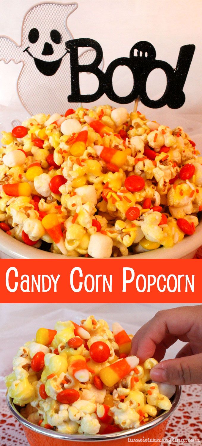 Candy Corn Popcorn - a fun Halloween treat. Sweet, salty, crunchy and delicious and it is so easy to make. It would be a great Halloween Party Food or a movie night dessert! Follow us for more fun Halloween Food ideas.