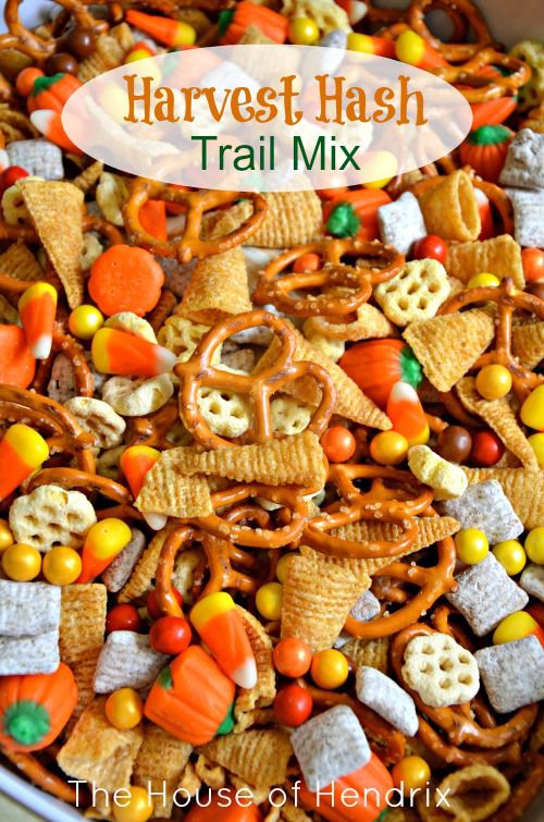 I Know it's only Aug. but the store already had candy corn and this looked like a fun, yummy mix. Harvest Hash - Halloween Trail Mix Ingredients: Pretzels Bugles chips Honeycomb cereal Candy Corn Candy Corn Pumpkins Chex Muddy Buddy M&M's or round Chocolate Candy other options (nuts, marshm...