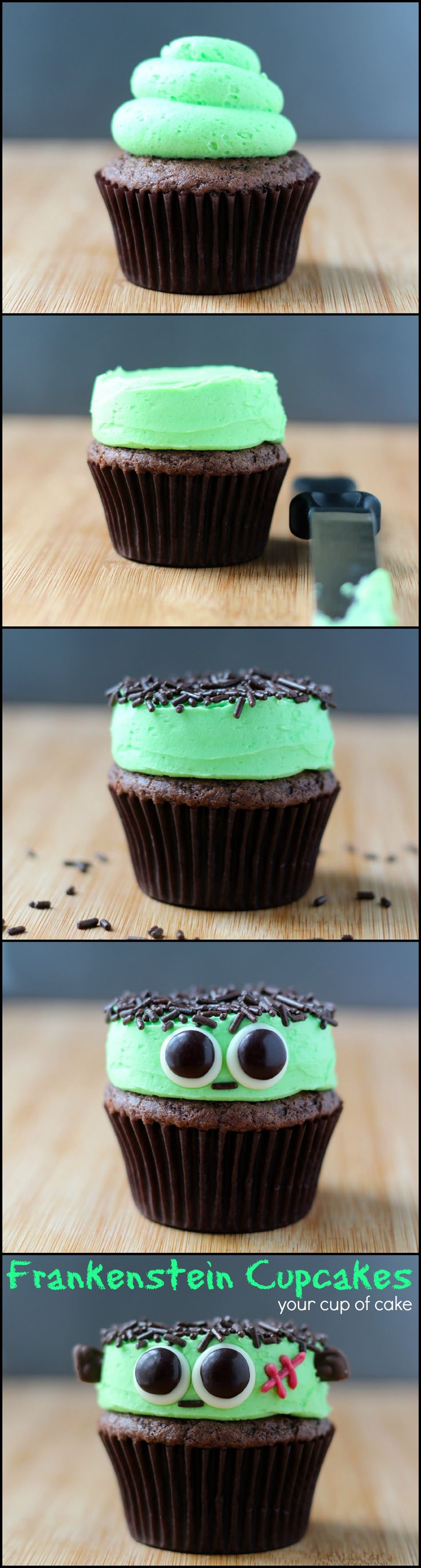 Frankenstein Cupcakes... using M&M eyes and sprinkles! #Halloween #Food