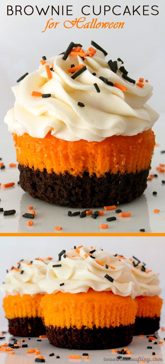 Brownie Cupcakes for Halloween - brownies plus cake plus frosting in one unique and delicious Halloween Cupcake.  This special Halloween Treat tastes as amazing as it looks!  Your Halloween Party guests will be impressed when you serve this super yummy Halloween dessert.  Follow us for more fun Halloween Food Ideas.